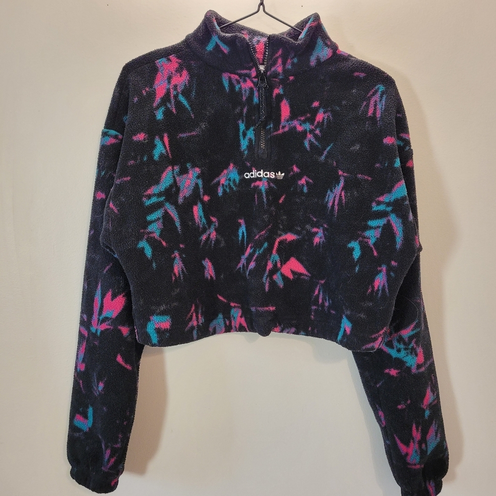 adidas Black Cropped Fleece Pullover with Pink & Teal Print